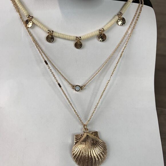 Jessica Simpson Multi-Layer Necklace Seashell Pendant Gold Tone Rhinestone - Picture 5 of 12